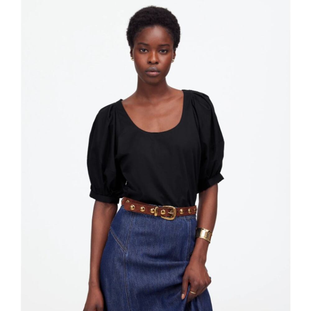 Madewell Relaxed Scoop Neck Puff Short-Sleeve Top Womens M Black Cotton Pullover